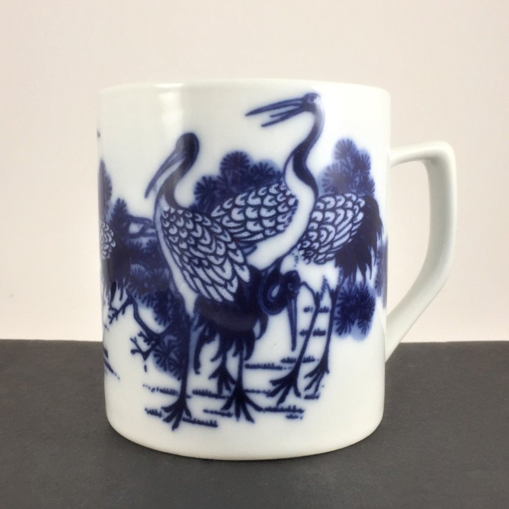 Blue & White Asian Mug/Birds Cranes & Evergreens